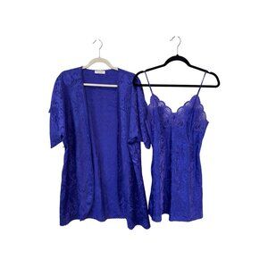 Vintage 80s Lucie Ann II Lace Robe Chemise Set Size Small Jacquard Piegnior Set